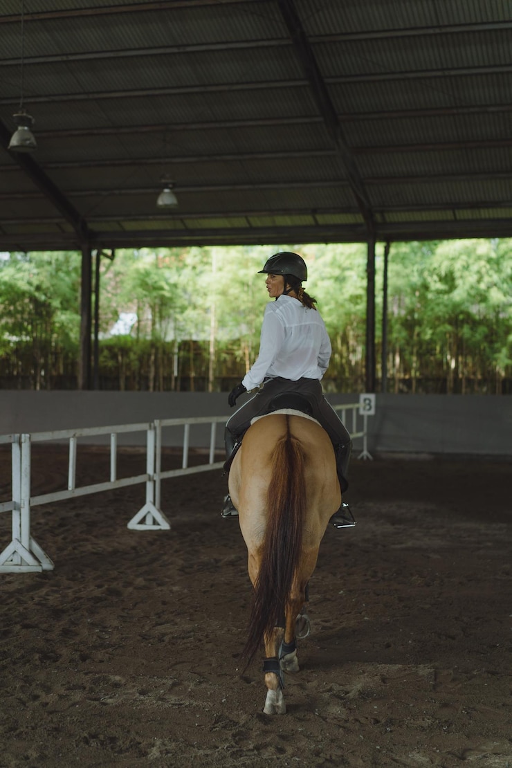 無料Photo 若い女性は、アリーナで乗馬の訓練をします。砂浜のアリーナを横切って乗馬するフォーマルな服を着た若い白人女性。乗馬スポーツのための血統の馬。馬に乗ったスポーツ選手