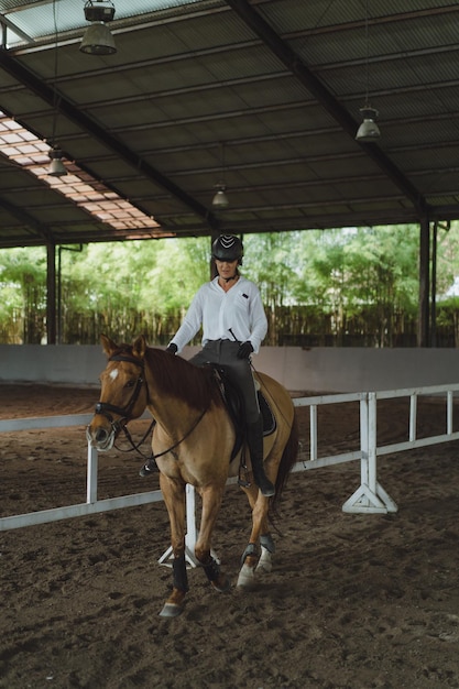 若い女性は、アリーナで乗馬の訓練をします。砂浜のアリーナを横切って乗馬するフォーマルな服を着た若い白人女性。乗馬スポーツのための血統の馬。馬に乗ったスポーツ選手