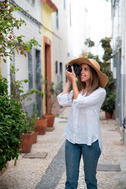 Young woman traveling without covid in the city