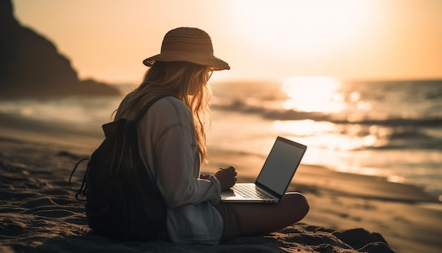 Free photo young woman typing on laptop enjoying solitude generated by ai