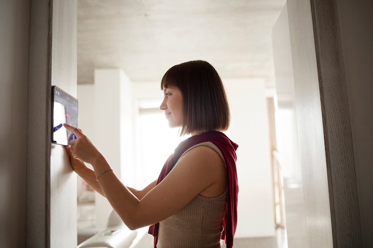 Free Photo young woman using home technology