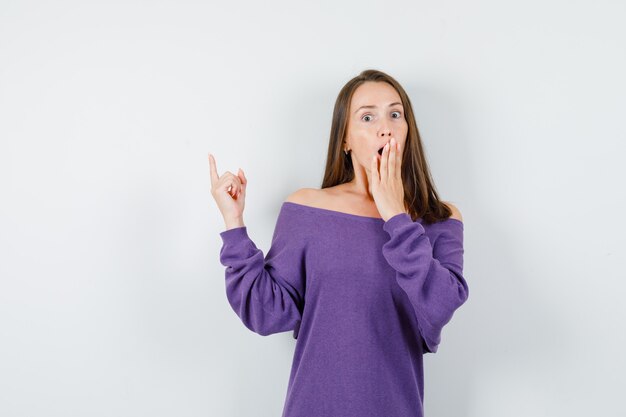 Young woman in violet shirt pointing finger up and looking surprised , front view.