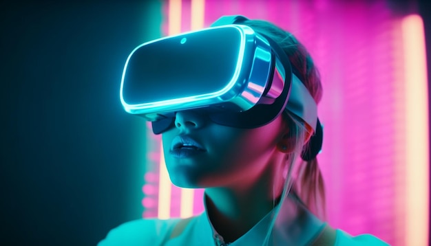 Giovane donna nel simulatore di realtà virtuale che indossa occhiali intelligenti generati dall'intelligenza artificiale