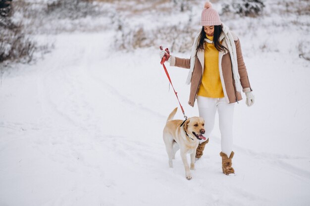 冬の公園で彼女の犬を連れて歩いて若い女性