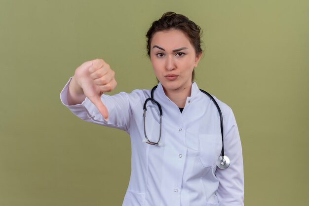 緑の壁に彼女の親指を聴診器を身に着けている医療用ガウンを身に着けている若い女性
