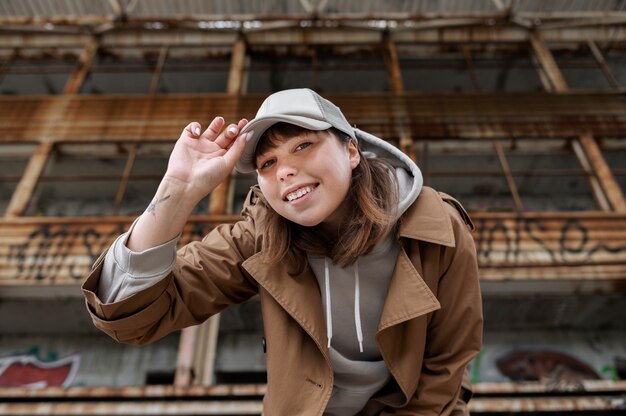 Young woman wearing trucker hat