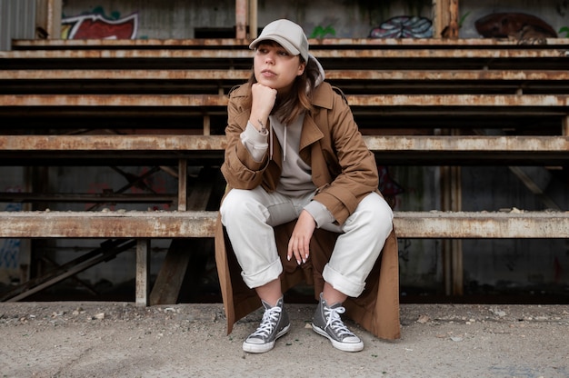 Foto gratuita giovane donna che indossa il cappello del camionista