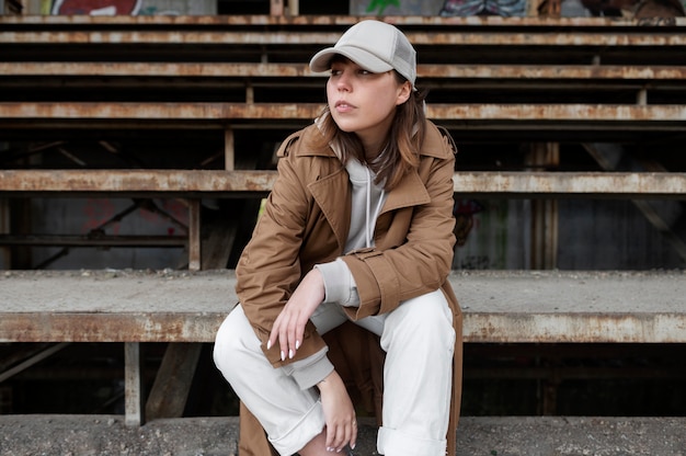 Young woman wearing trucker hat