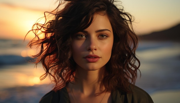 Young woman with brown hair looking at camera smiling in nature generated by artificial intelligence