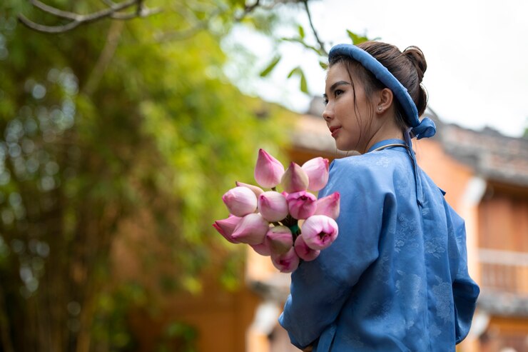 免費 Photo 一位帶著花束的年輕女人穿著 ao dai 服裝