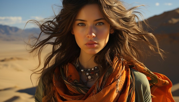 Free photo young woman with long brown hair looking at camera outdoors generated by artificial intelligence