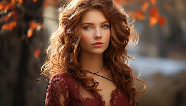 Молодая женщина с длинными кудрявыми волосами улыбается в осеннем лесу, созданном искусственным интеллектом.