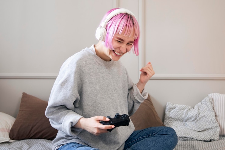無料Photo ビデオゲームをしているピンクの髪の若い女性