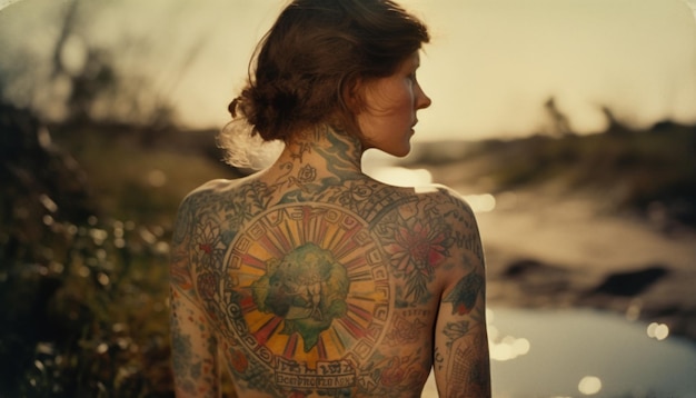 Free photo young woman with tattoo enjoys nature beauty generated by ai