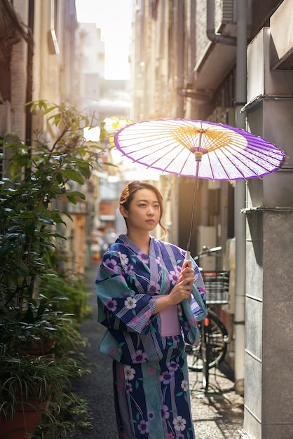 Young woman with wagasa umbrella
