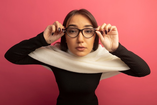 Free photo young woman with white scarf in glasses closely