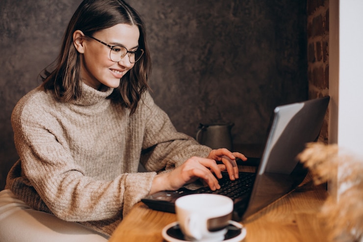 Free Photo young woman working on laptop in a cafe