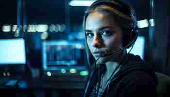 Free photo young woman working late with headset on generated by ai