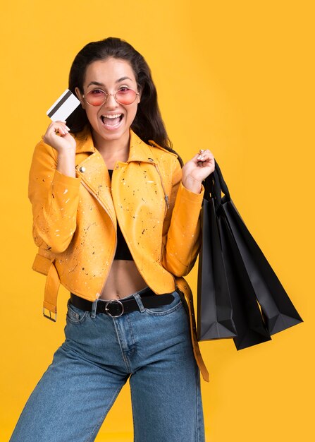 Young woman in yellow leather jacket black friday sale