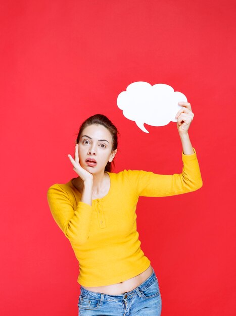 Young woman in yellow shirt holding a cloud shape info board and looks unsure and thoughtful