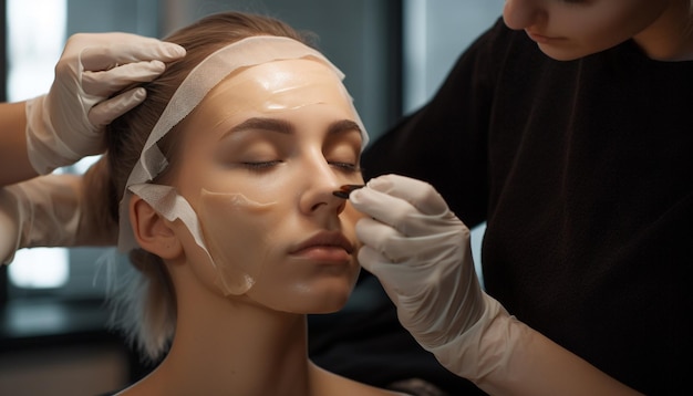 Free photo young women applying facial mask for pampering generated by ai