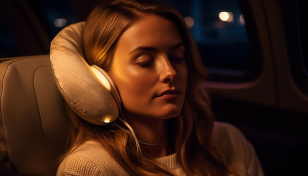 Young women enjoying relaxation listening to headphones generated by AI