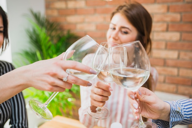 Young women having fun with wine