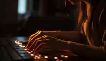Foto gratuita le giovani donne si esercitano con la tastiera al coperto su un laptop wireless generato dall'intelligenza artificiale