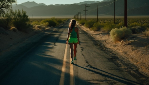 Young women jogging in nature at sunset generated by AI