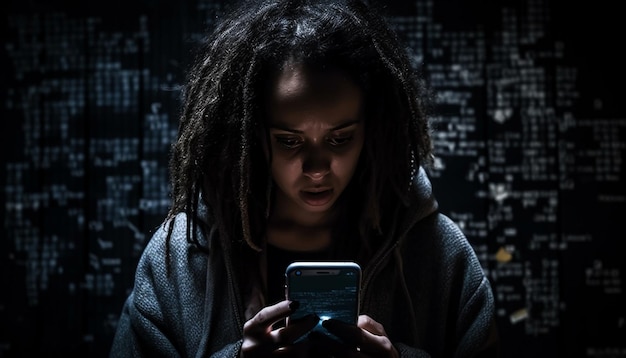 Free photo young women looking at dark phone screen generated by ai