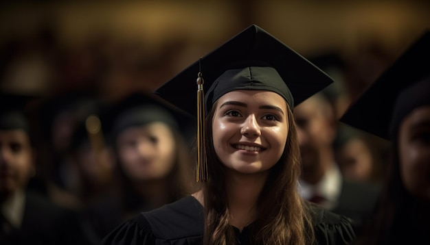 AI가 생성한 졸업 가운 축하 행사에서 웃고 있는 젊은 여성