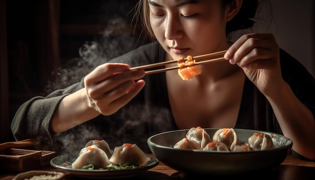 Foto gratuita giovani donne che sorridono tenendo in mano le bacchette gustando un pasto generato dall'intelligenza artificiale