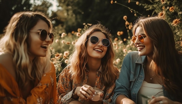 Foto gratuita le giovani donne in occhiali da sole si godono la festa nella foresta autunnale generata dall'intelligenza artificiale