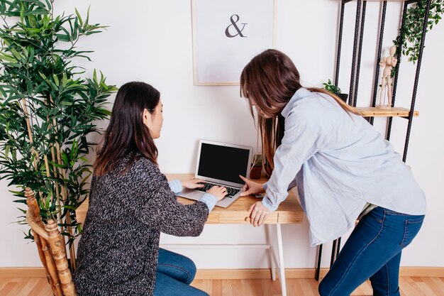 Young women using laptop at table