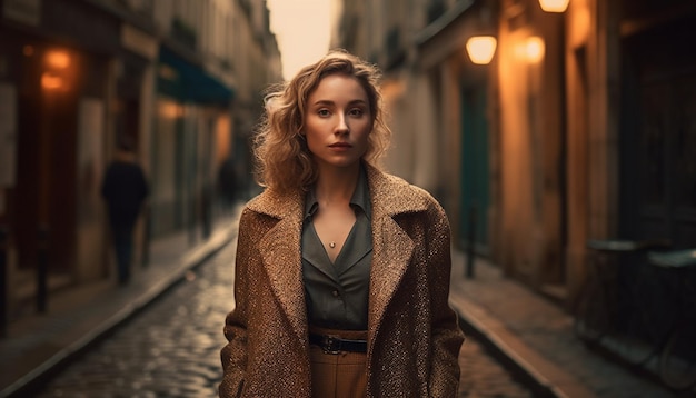 Young women walking in the city at dusk generated by AI