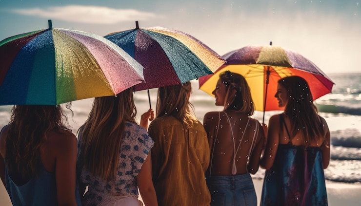 Free Photo young women walking in the rain holding umbrellas generated by ai