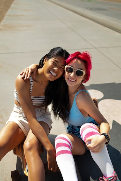 Free photo young women with dyed hair near seaside