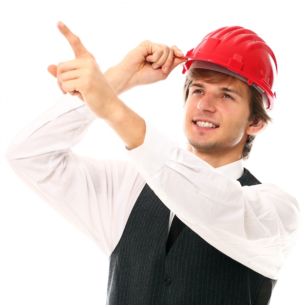 Young worker man with industrial helmet