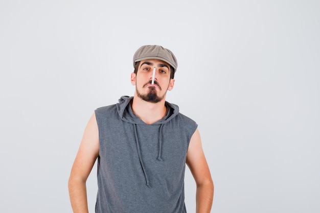 Young worker smoking cigarette in gray t-shirt and cap and looking serious