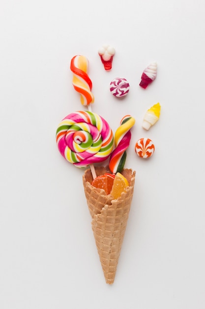 Yummy candies in a ice cream cone