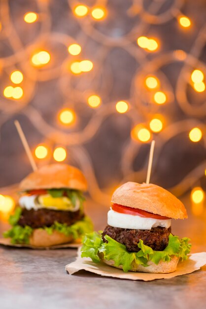 Yummy hamburgers with bokeh effect