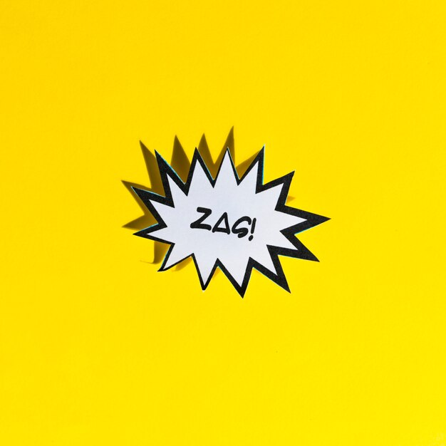 Zag! white comic speech bubble with black border on yellow background