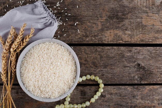 zakat still life with rice and grains top view
