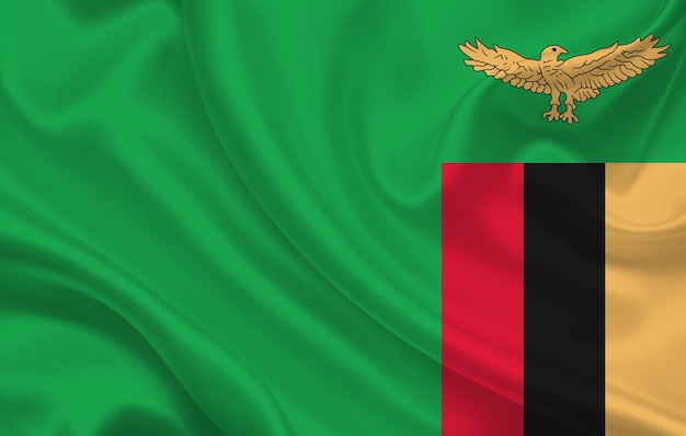 Zambia country flag on wavy silk fabric background panorama - illustration
