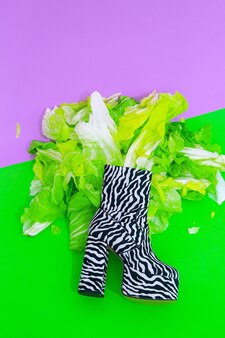 Zebra print fashion shoes with fresh green salad background. healthy food, vegan, raw, diet, calories, eco friendly minimal  concept