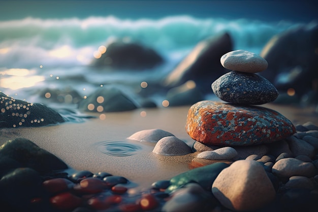 Zen stones balanced on the beach Sunrise light Meditation and relaxation Ai generative