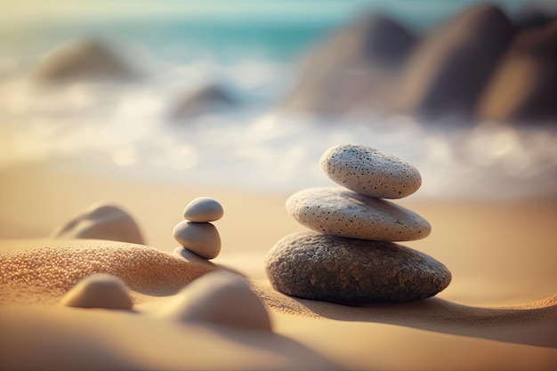 Камни дзен балансируют на пляже. Восход солнца. Медитация и релаксация.
