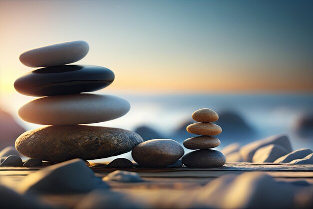 Zen stones balanced on the beach Sunrise light Meditation and relaxation Ai generative