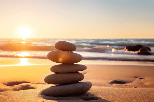 Pietre zen in equilibrio sulla spiaggia con copia spazio luce dell'alba meditazione e rilassamento ai generativo