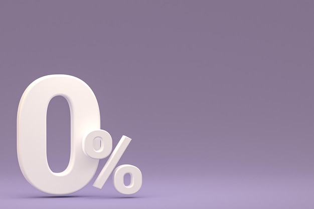 Нулевой процентный знак и скидка на продажу на фиолетовом фоне со специальной ставкой предложения. 3d визуализация Premium Фотографии